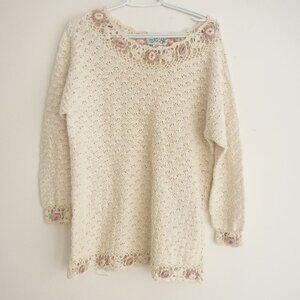 Vintage Jessie Cream w Pink Floral Crochet Knit Long Sleeve Shirt size 40 M